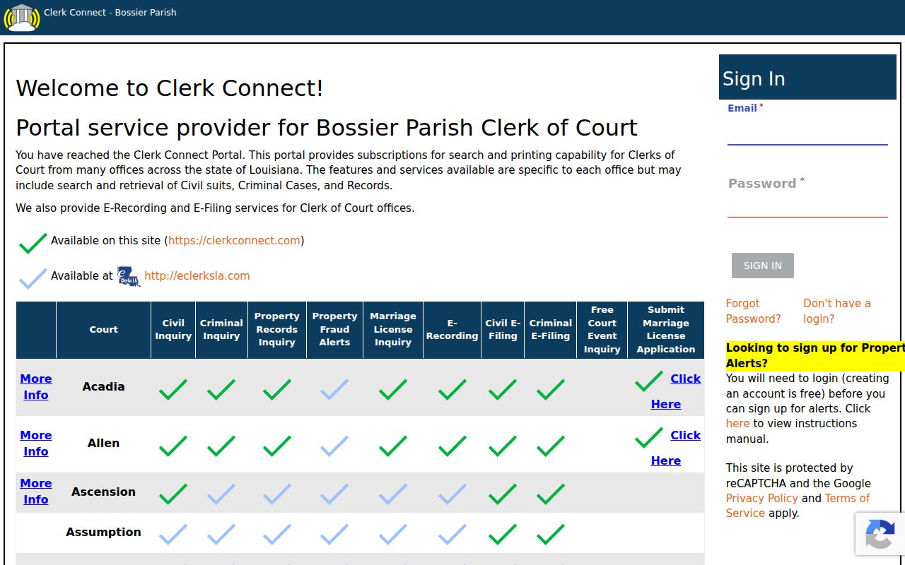 Bossier Parish court docket Clerk Connect account access screen